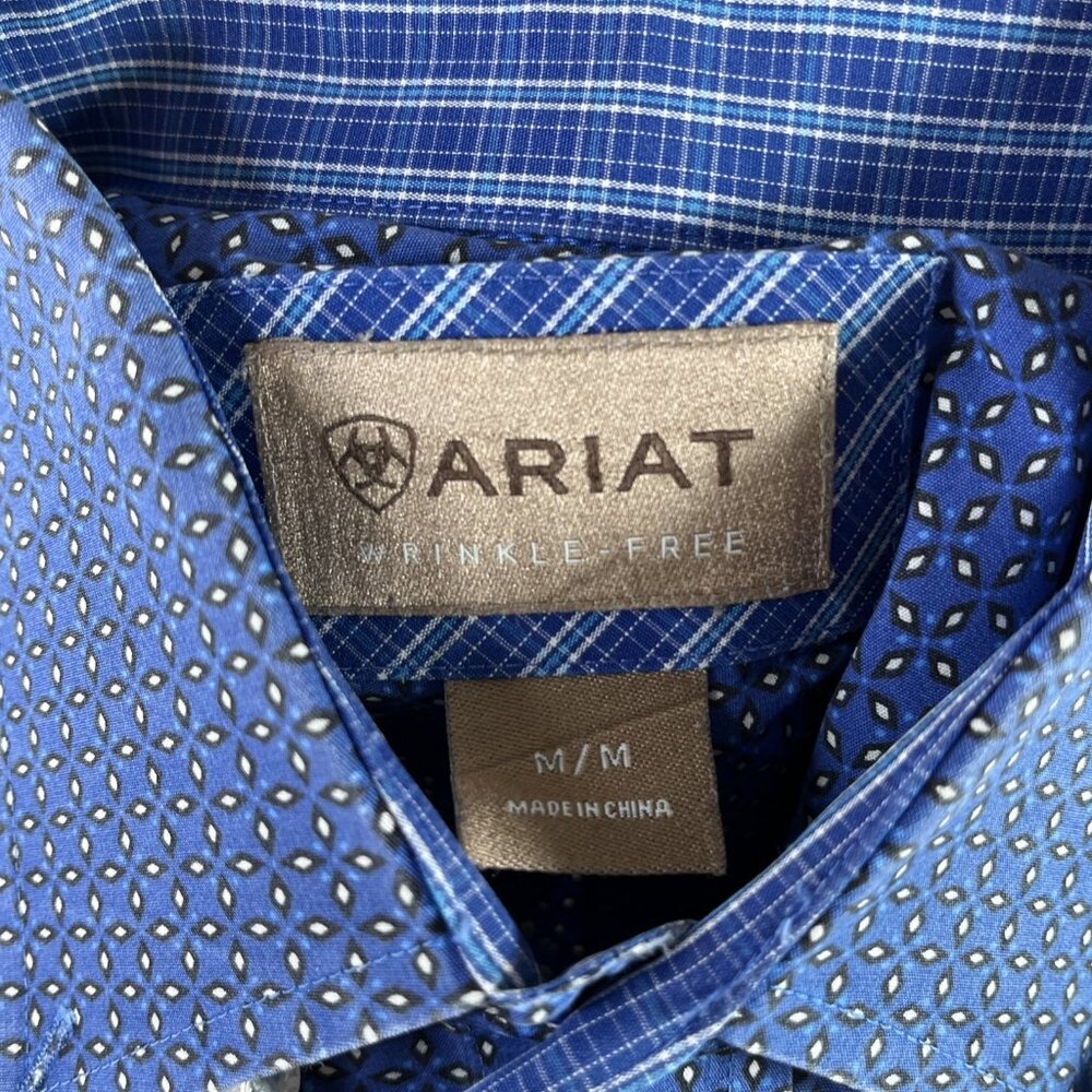 Ariat Button Down Blue Shirt Men's Medium Box Rose Pattern Long Sleeve Button Up - Picture 8 of 8